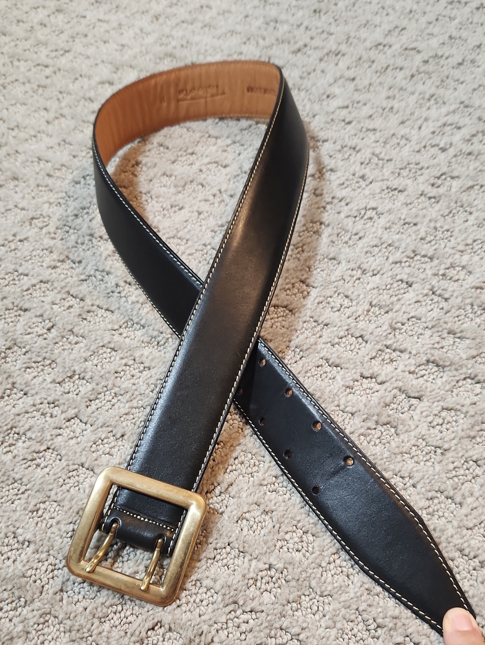 Talbots Vintage 90s Smooth Black Leather Belt Golden Solid Brass Buckle Medium